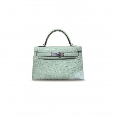 HERMÈS MASTER MINI KELLY II MATTE CROCODILE LEATHER MINT GREEN SILVER BUCKLE (19*12*5.5cm) 